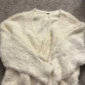 Free People Cream Fuzzy V-Neck Sweater
